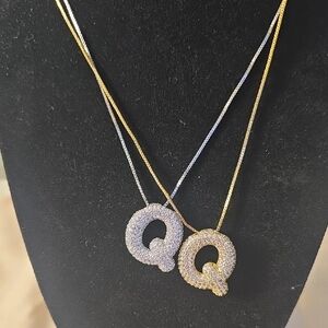 2 Pendant Necklaces Initial "Q" In Gold Tone & Silver Can Be Worn 2 Ways New
